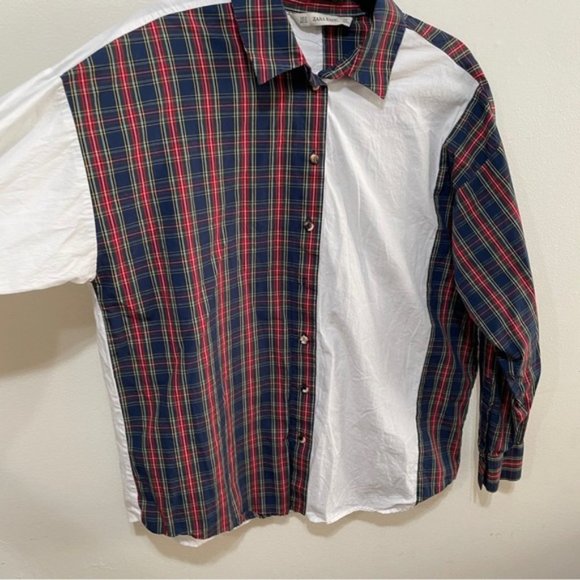 Zara basic women’s half plaid half plain white button down shirt size medium - Picture 6 of 9
